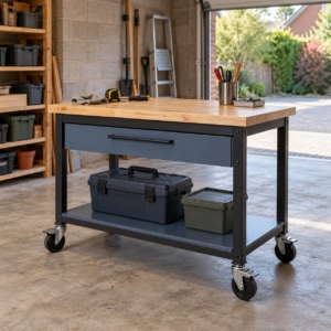 120 cm mobile workbench on castors with a rubberwood top in a single garage with the door open
