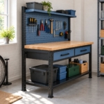 The pegboard workbench seen from the side at a three-quarter angle