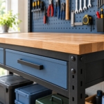 Close-up of the rubberwood worktop edge and the steel drawer handle