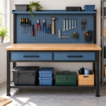 Front view of the workbench with pegboard, drawers and lower shelf