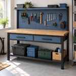 160 cm workbench with rubberwood top, slate-blue pegboard and two drawers in a home garage