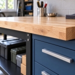 Close-up of the 40 mm rubberwood worktop edge and a drawer handle