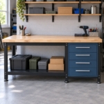 Front view of the heavy-duty workbench with its four drawers and lower shelf