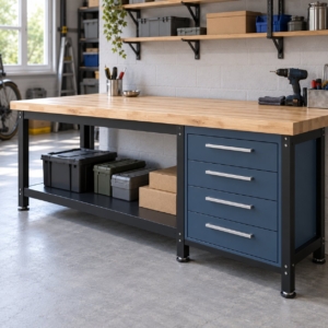 200 cm heavy-duty workbench with a rubberwood top and a slate-blue four-drawer cabinet in a garage workshop
