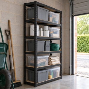 The shelving unit seen from the side with its keyhole uprights