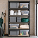 Front view of the five-tier shelving unit with storage boxes, tins and a garden hose
