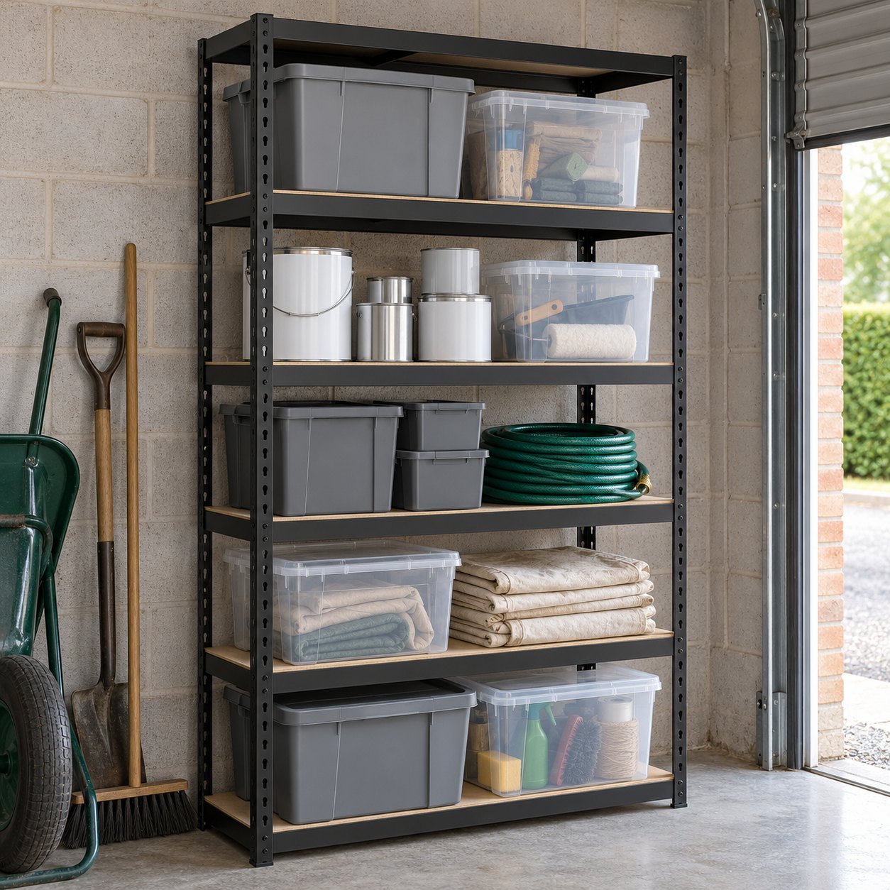 5 tier boltless steel shelving unit 180cm hero Five-tier black boltless steel shelving unit loaded with storage boxes in a home garage