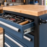 Close-up of a drawer handle and ball-bearing drawer slide on the tool cabinet