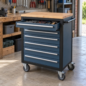 Six-drawer slate-blue rolling tool cabinet with a rubberwood top in a home garage workshop