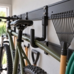 Close-up of a steel hook hanging on the wall rail