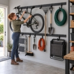 Woman hanging a bicycle on a hook of the garage wall rail system