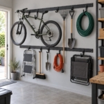 Two black steel wall rails with hooks holding a bicycle, ladder, rake, spade and hoses in a garage