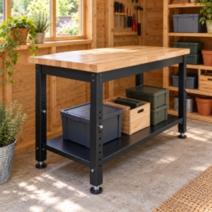 The height-adjustable workbench seen from the other end