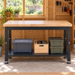 Front view of the height-adjustable workbench and lower shelf