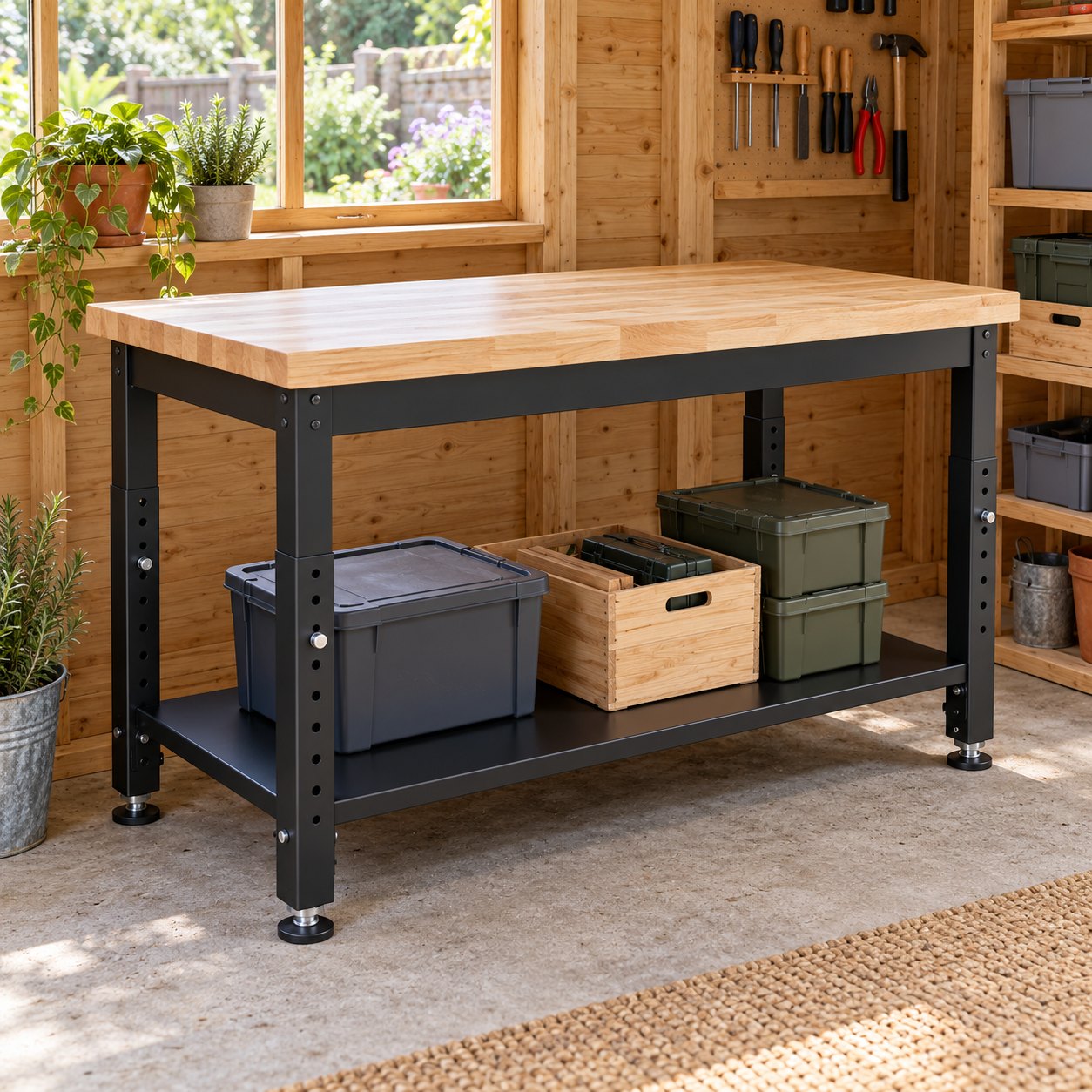 height adjustable workbench 120cm hero Height-adjustable 120 cm workbench with a rubberwood top in a garden shed workshop