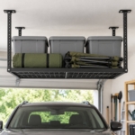 Straight-on view of the loaded ceiling storage rack from below
