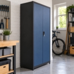 The steel garage cabinet seen from the side at a three-quarter angle