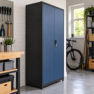 The steel garage cabinet seen from the side at a three-quarter angle