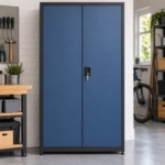 Front view of the tall steel garage cabinet and its two doors
