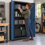 Woman placing a storage box on a shelf inside the open steel garage cabinet