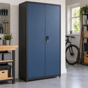Tall two-door slate-blue steel garage cabinet standing closed against a white brick wall in a home garage