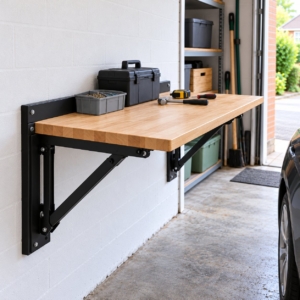 The folding workbench seen from the side showing a support bracket